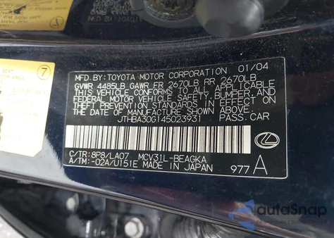 2004 Lexus Es 330 z USA, uszkodzony, nr VIN JTHBA30G145023931